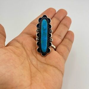 Beautiful 1970s Long Navajo Turquoise Sterling Silver Ring